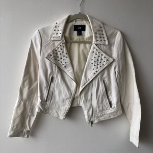 White Denim Studded Moto Jacket